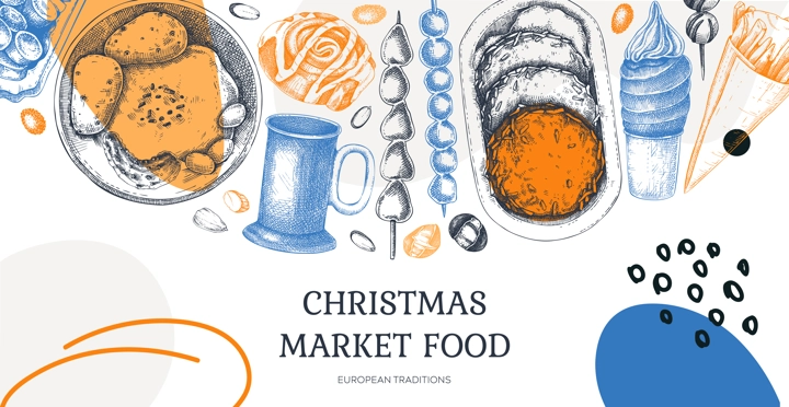 Collage style Christmas background. Traditional European Christmas market food design. Fast food menu. Vintage hand-drawn vector illustration. Mulled wine, raclette, grilled sausages, pastries sketche